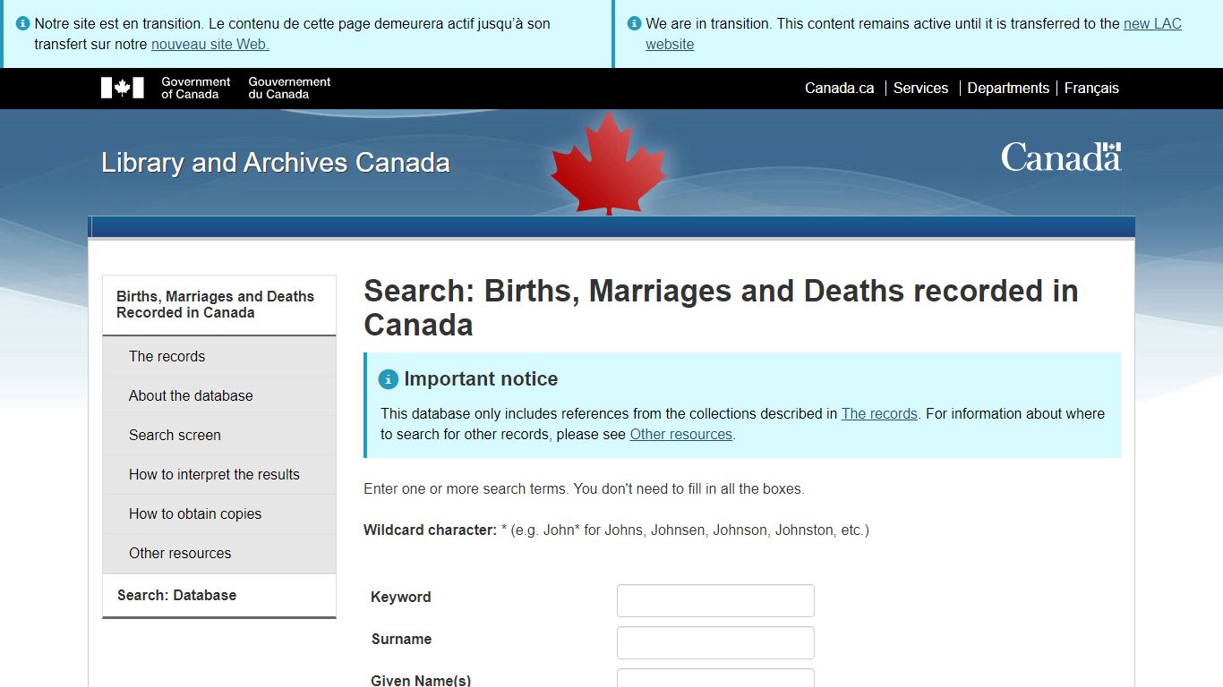 Search: Births, Marriages and Deaths recorded in Canada